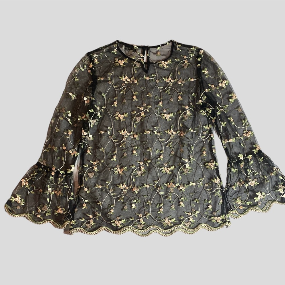 Neiman Marcus Mesh Top with Embroidered Flowers